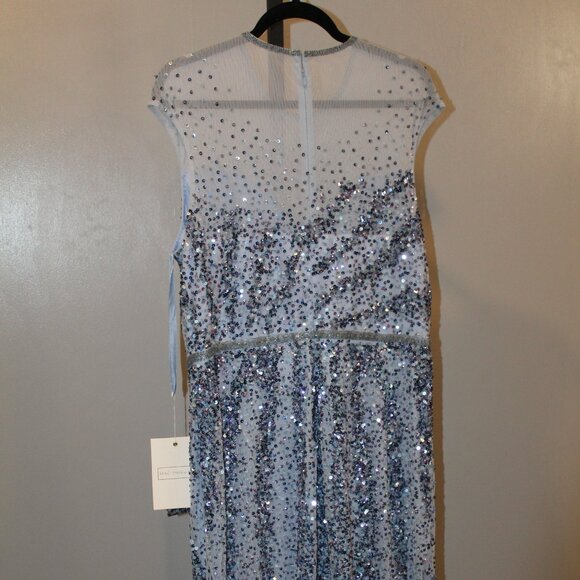 NWT Mac Duggal Sequin Beaded Embellished Blue Dress Slit Cap Sleeve Mesh 18 5619 - Picture 7 of 8